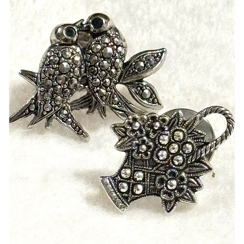 Vintage Marcasite Lovebirds Pin Brooch + Avon Flower Basket Pin Lot Silver Tone